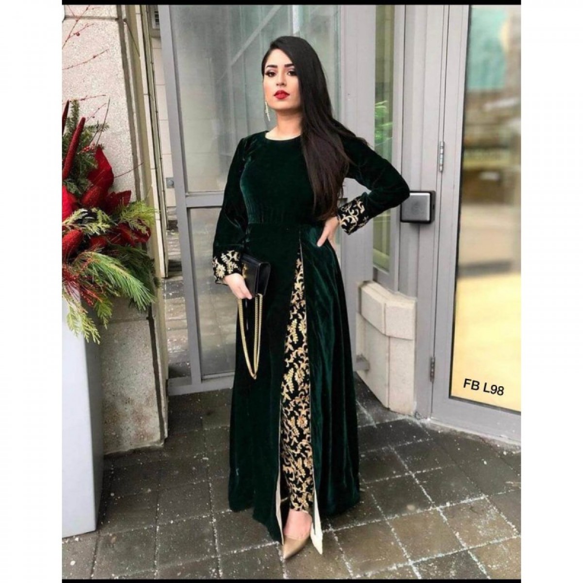 Pakistani Suit Style Green Color Slit Velvet Kurta With Brocade
